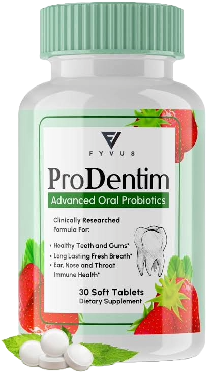 Frasco do ProDentim e dentes saudáveis